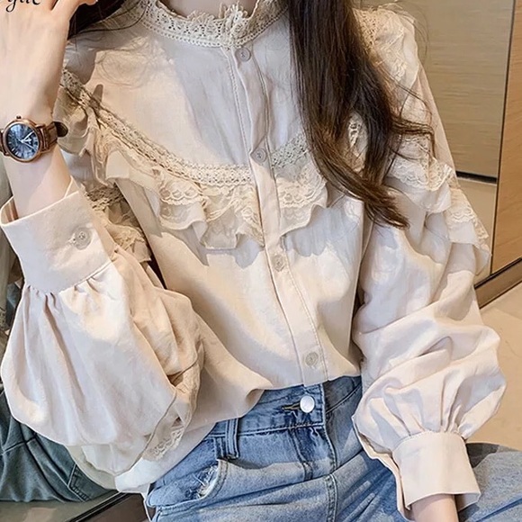 Lace blouse shirt soft khaki button top collar long sleeve